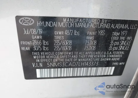2020 Hyundai Santa Fe Sel z USA, uszkodzony, nr VIN 5NMS3CAD7LH143373